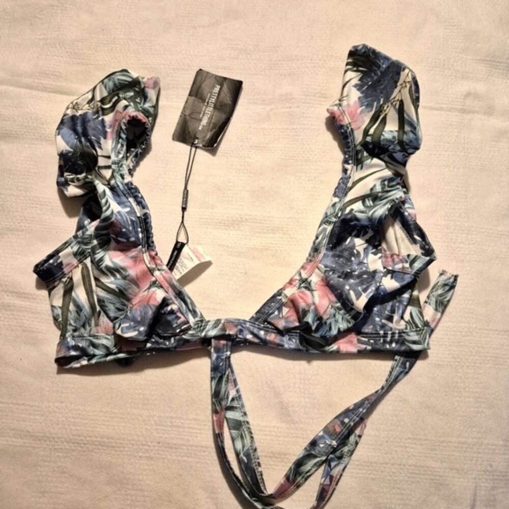 PRETTYLITTLETHING women's size 4 pale khaki leafy frill tie front bikini top New